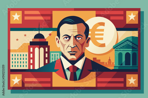 Stylized portrait on banknote with euro symbol backdrop