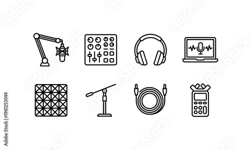 Audio recording equipment icons set for podcast and studio production