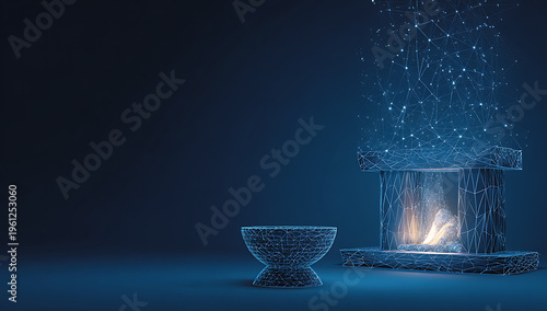 Wireframe 3d digital glowing blue geometric shapes forming bowl and pedestal with stars