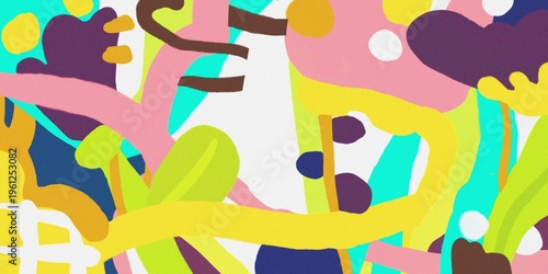 Minimalist abstract composition with organic wavy lines and colorful shapes on white background, modern vintage art illustration with grainy texture.