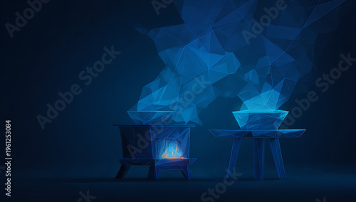 Low poly blue fire pits with smoke on dark background for design