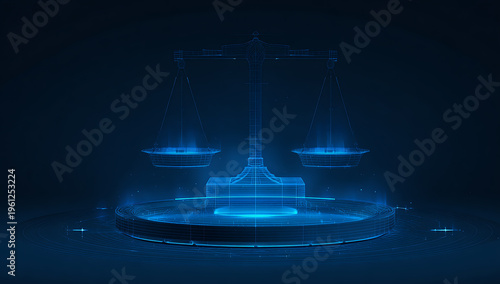 Futuristic blue neon glowing scales of justice on a dark background