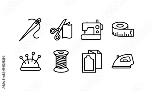 Sewing tools and accessories icon set isolated on white background