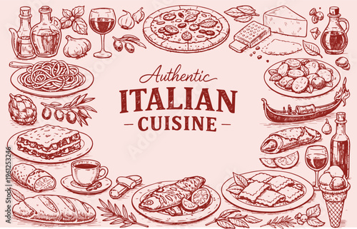 Authentic Italian Cuisine Doodle Set with Pizza, Pasta, Wine, and Traditional Food Elements