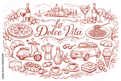 La Dolce Vita Italian Lifestyle Doodle Set with Pizza, Pasta, Vintage Car and Scooter
