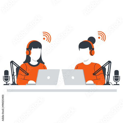 Two people podcasting online wearing headphones and using microphones and laptops