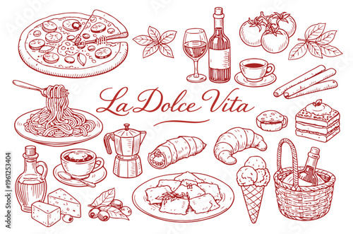 Hand Drawn Italian Cuisine Food Doodle Set, Pasta Pizza Wine and Dessert Vector Illustration