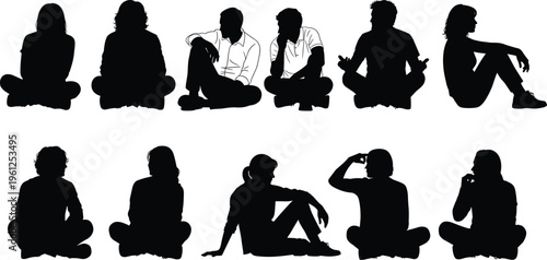 Black silhouette collection of men and women sitting on floor with legs crossed in various casual and thoughtful relaxed poses.