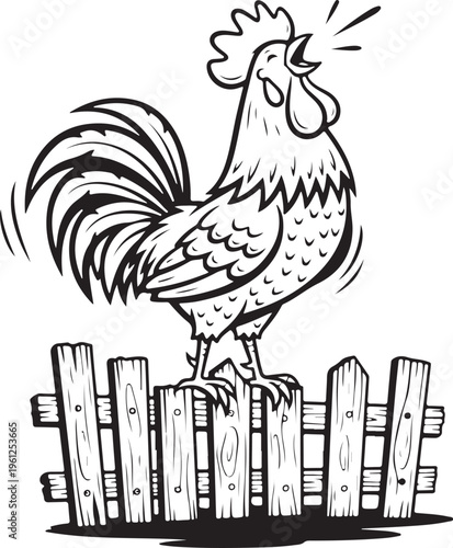 Rooster crowing atop wooden fence in farmyard scene isolated on transparent background
