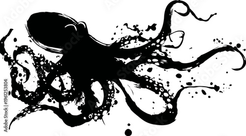 black octopus silhouette with splattered ink effect and swirling tentacles underwater design