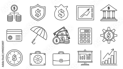 A set of line art financial icons including money, banking, and business symbols
