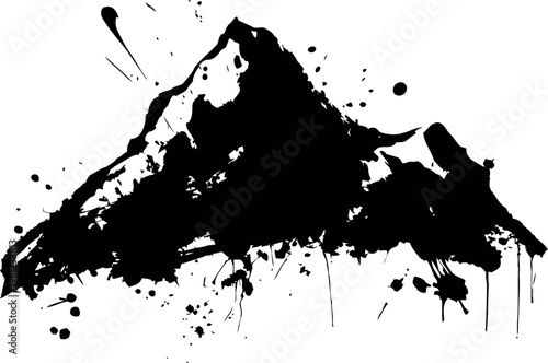 Black ink mountain silhouette with artistic splatter and drip effects isolated on white background