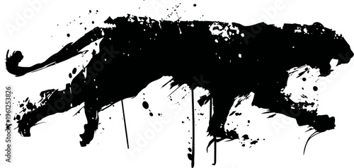 Black ink panther silhouette in dynamic stalking pose with splatter effect and grunge texture