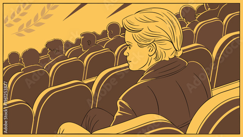 A vector graphic illustration of a man sitting alone in a crowded theater with a yellow and brown color scheme