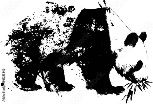 Giant panda eating bamboo leaves with splattered ink brush effect illustration