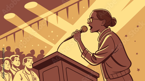 A confident woman speaking at a podium in front of an audience with spotlights shining down.