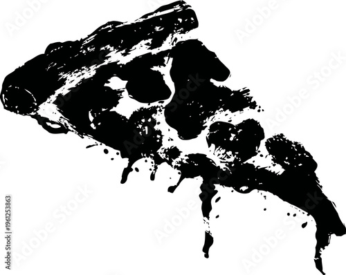 Slice of dripping pizza with visible cheese and crust silhouette isolated on white background