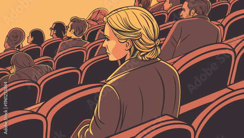 A vector graphic illustration of a woman sitting in a crowded movie theater with other spectators