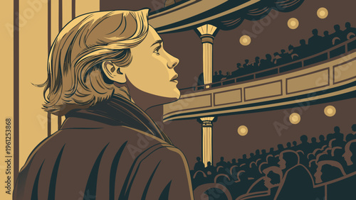 A woman looking out at an audience in a theater from the stage