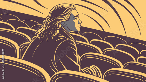 A minimalist vector illustration of a man sitting alone in a crowded movie theater