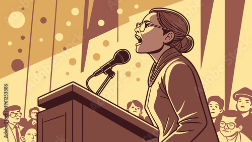 A woman giving a speech at a podium in front of an audience in a vibrant, stylized illustration.