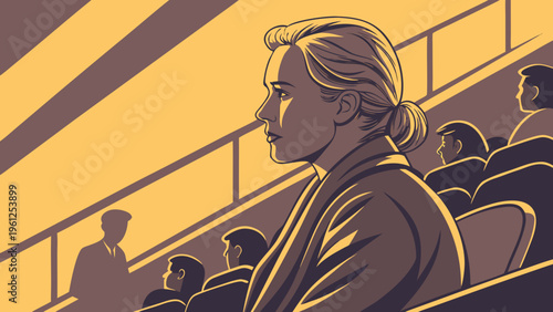 A woman sits in a crowded auditorium, looking focused and engaged in the event