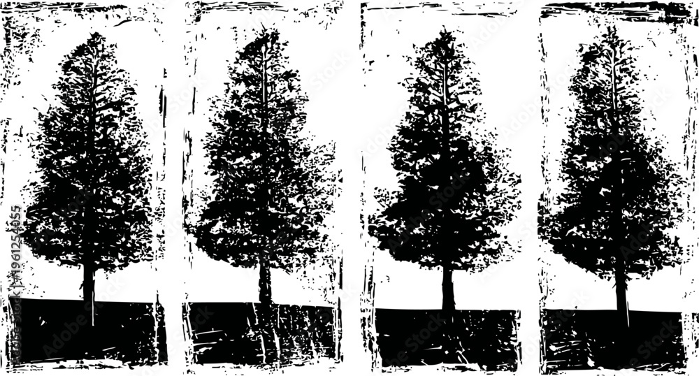 Fototapeta premium Four vintage black and white tree silhouettes with textured background in rectangular frames