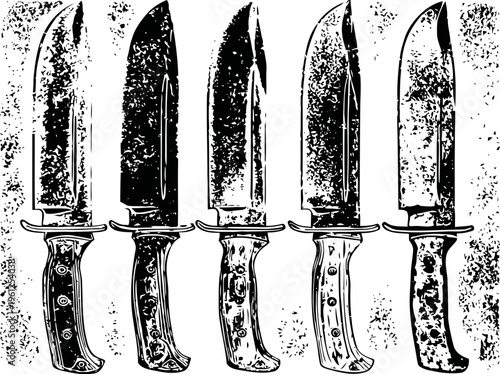 Vintage hunting knives collection classic large fixed blade knives with wooden handles in detailed engraving