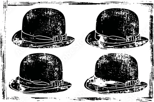 Vintage bowler hats set with detailed textures and buckle accents in monochrome