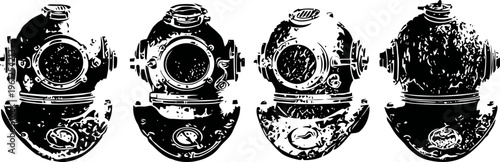 Vintage diving helmets illustration isolated on white retro underwater equipment design set