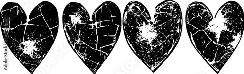 Grunge cracked hearts set distressed vintage love symbols with textured worn surface
