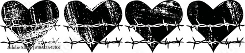 Grunge hearts pierced with barbed wire in black and white, distressed love and pain symbol set