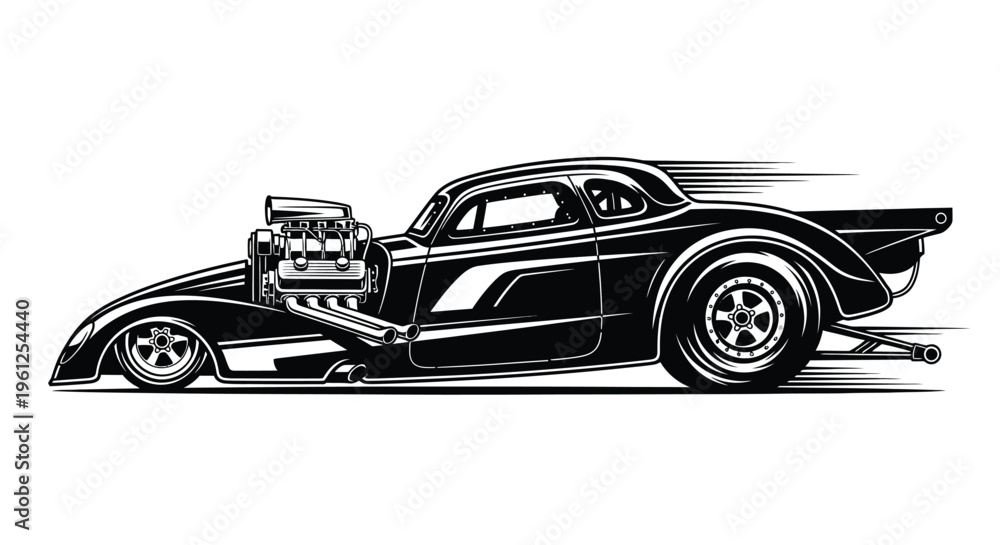 Fototapeta premium Vintage hot rod car illustration with speed lines a striking silhouette