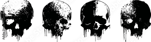 Four dripping black and white skulls in a row with artistic paint effects on a transparent background
