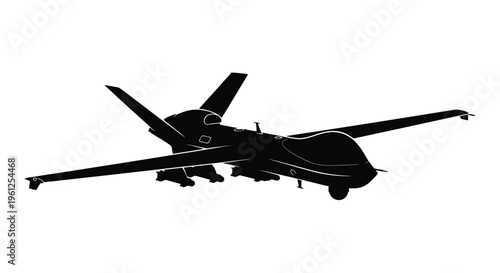 Black drone aircraft in flight detailed wings and body stark silhouette
