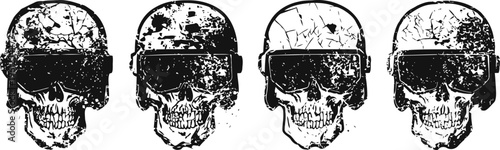 grunge skulls wearing tactical helmets in black and white, military illustration with distressed texture