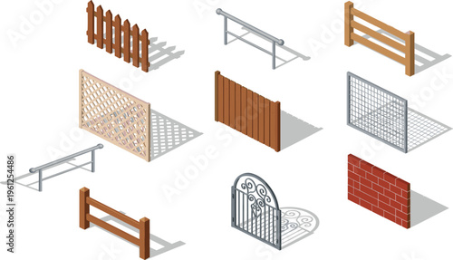 Fence designs illustration, wooden picket fence, metal rail barrier, lattice wall artwork, brick gate drawing, construction style vector, cad drawing flat vector illustration