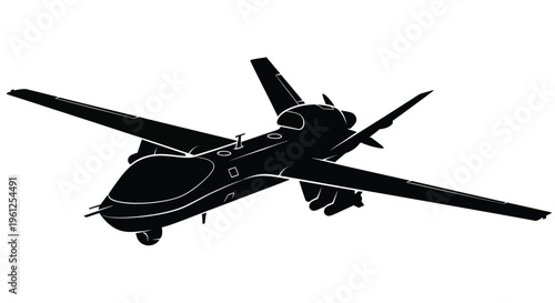Detailed black silhouette of a military drone aircraft in flight silhouette