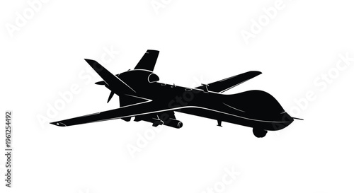 Black silhouette of a military drone aircraft against a white background silhouette