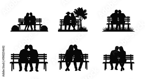 Couples sitting on park benches a collection of black shapes silhouette