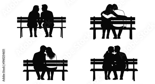 Couples enjoying moments together on benches a romantic black silhouette