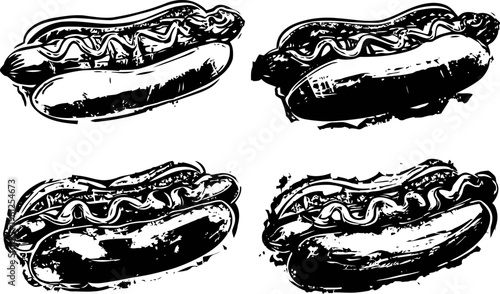Four hand drawn hot dogs with mustard and buns vintage fast food illustration