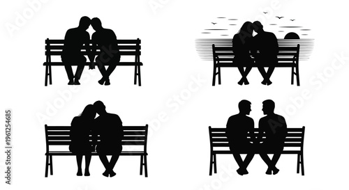 Couples on benches enjoying a scenic view a striking silhouette