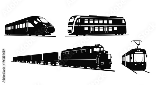 Black silhouettes of various trains including high speed and freight trains silhouette