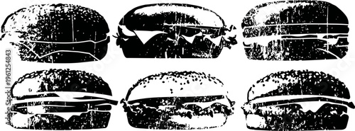 Six black and white hamburger line art illustrations with sesame seed buns and various fillings