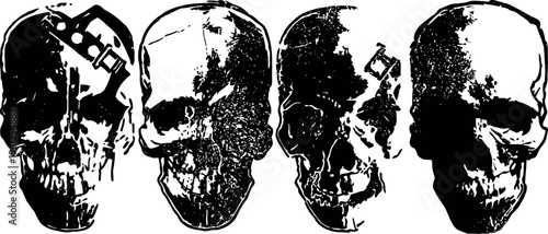 Four black and white skull illustrations with varying details and shading styles