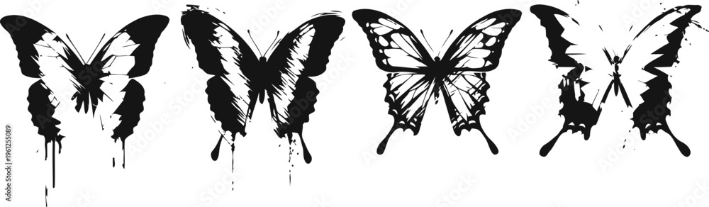 Fototapeta premium four black grunge butterflies with paint drip effect on white background
