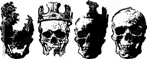 Four detailed black ink skull illustrations, one with a cracked crown and medieval design