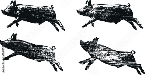 Vintage running pig silhouettes in black ink texture, rustic farm animal illustration set