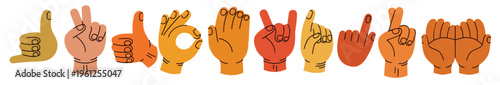 Vibrant set of various hand gesture symbols including thumbs up, peace, OK, and rock-on, ideal for conveying support, agreement, and celebration in sports, music, and social media, isolated on white.